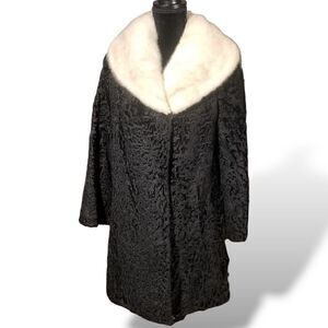 Kaufmanns Vintage Persian Lamb Stroller Coat w/ Mink Fur Collar 3/4 Sleeves sz S